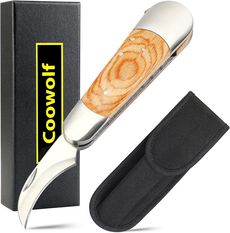 Coowolf Mushroom Knife with Brush and Sheath, Curved Stainless Steel Blade, Hardwood Handle, 7.06 Inch Folding Design, for Morels, Porcini, Chanterelles, Foraging Mushroom Gifts - Image 1